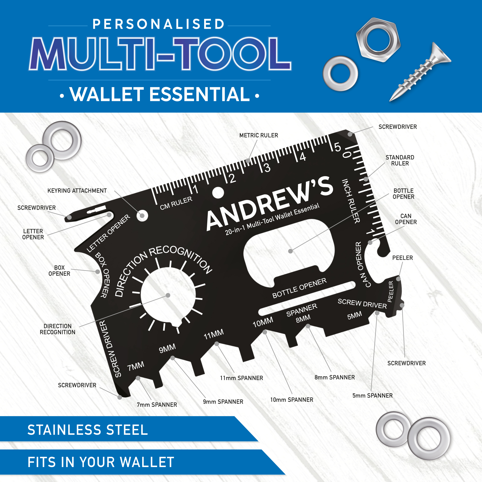 Personalised wallet essential multitool from global journey